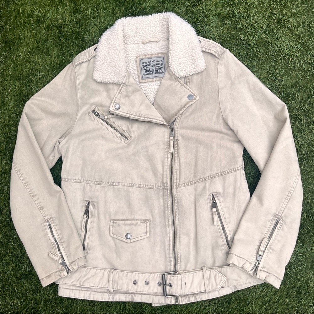 Levi’s Acid Washed Belted Sherpa Moto Canvas Jean Jacket